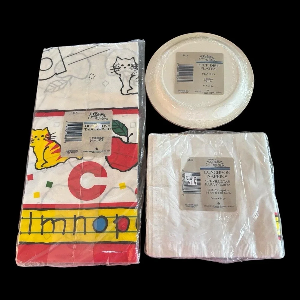 Vintage Gibson Paper Plates Napkins Table Cover ABC's Teacher School USA‎ NEW